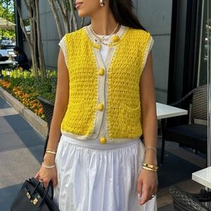 Zara Yellow Chunky Crochet Knit Button Front Sweater Vest